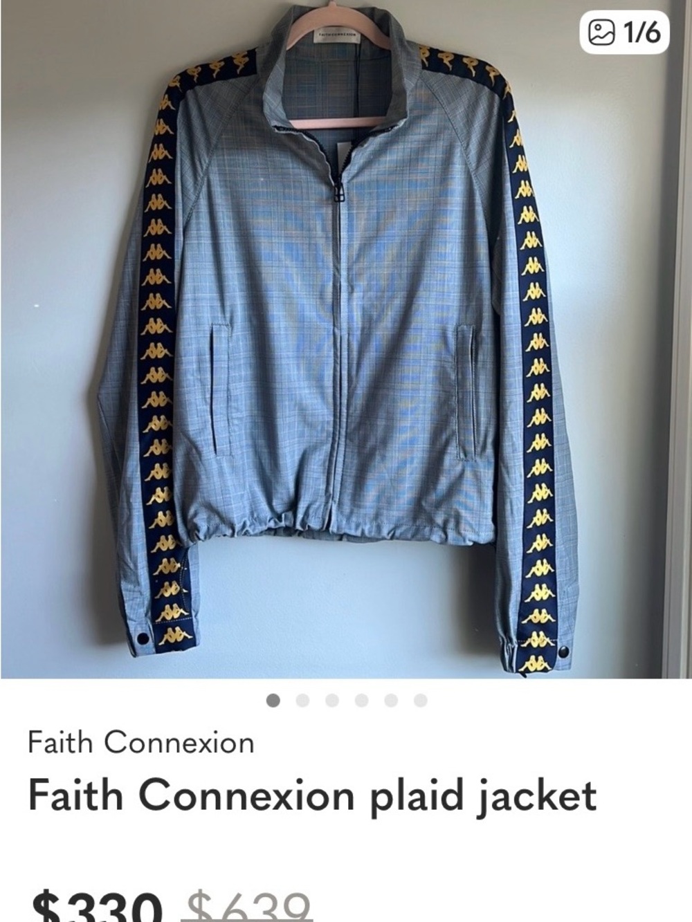 Faith Connexion Gray Plaid Bomber Jacket with Navy & Yellow Accent